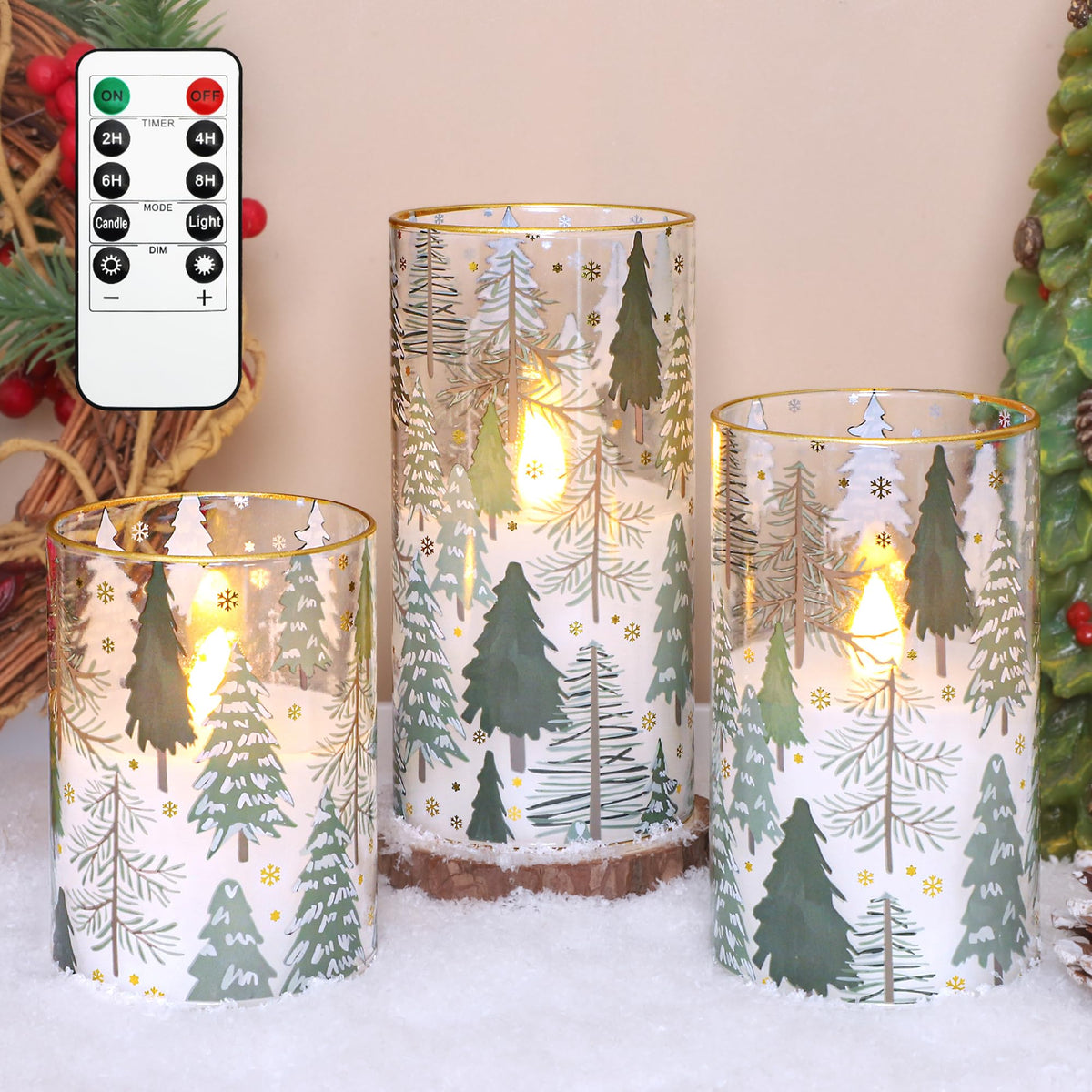 Impress Life Christmas Tree Glass Flameless Candles with Remote Battery Operated 3D Flickering LED Pillar Candles for Xmas Gift Holiday Decor, Set of 3