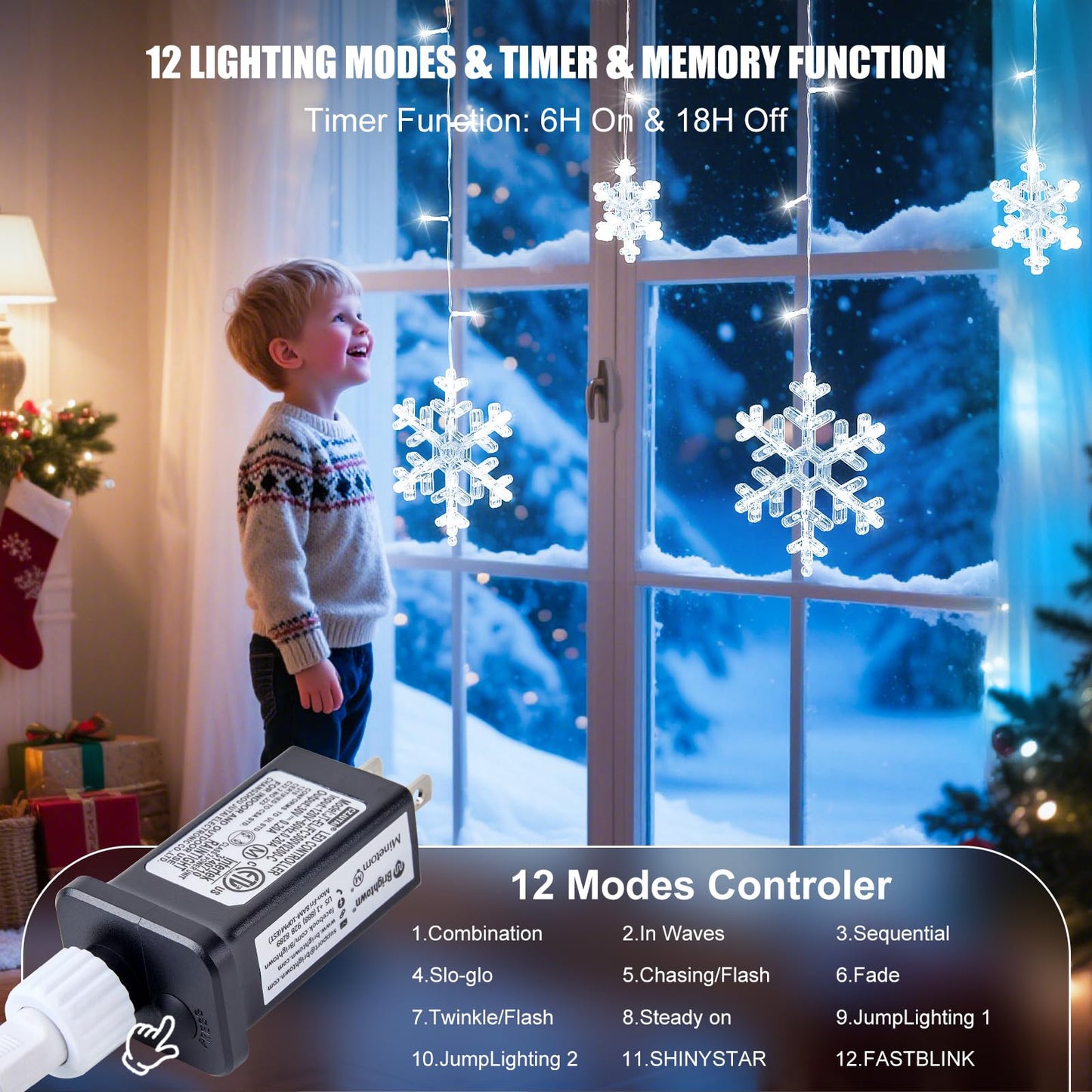 Christmas Snowflake Icicle Lights - 13ft 192LED Snowflake Drops, 12 Modes and Timer, IP65 Waterproof Connectable Christmas Lights for House Eave Window Indoor Outdoor, White