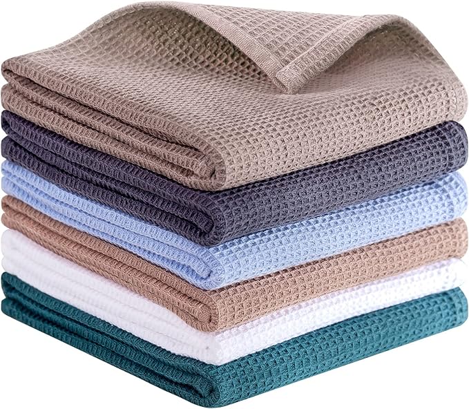 QUILTINA Dish Towels Set, 100% Cotton Waffle Weave Kitchen Towels 6 Pack
