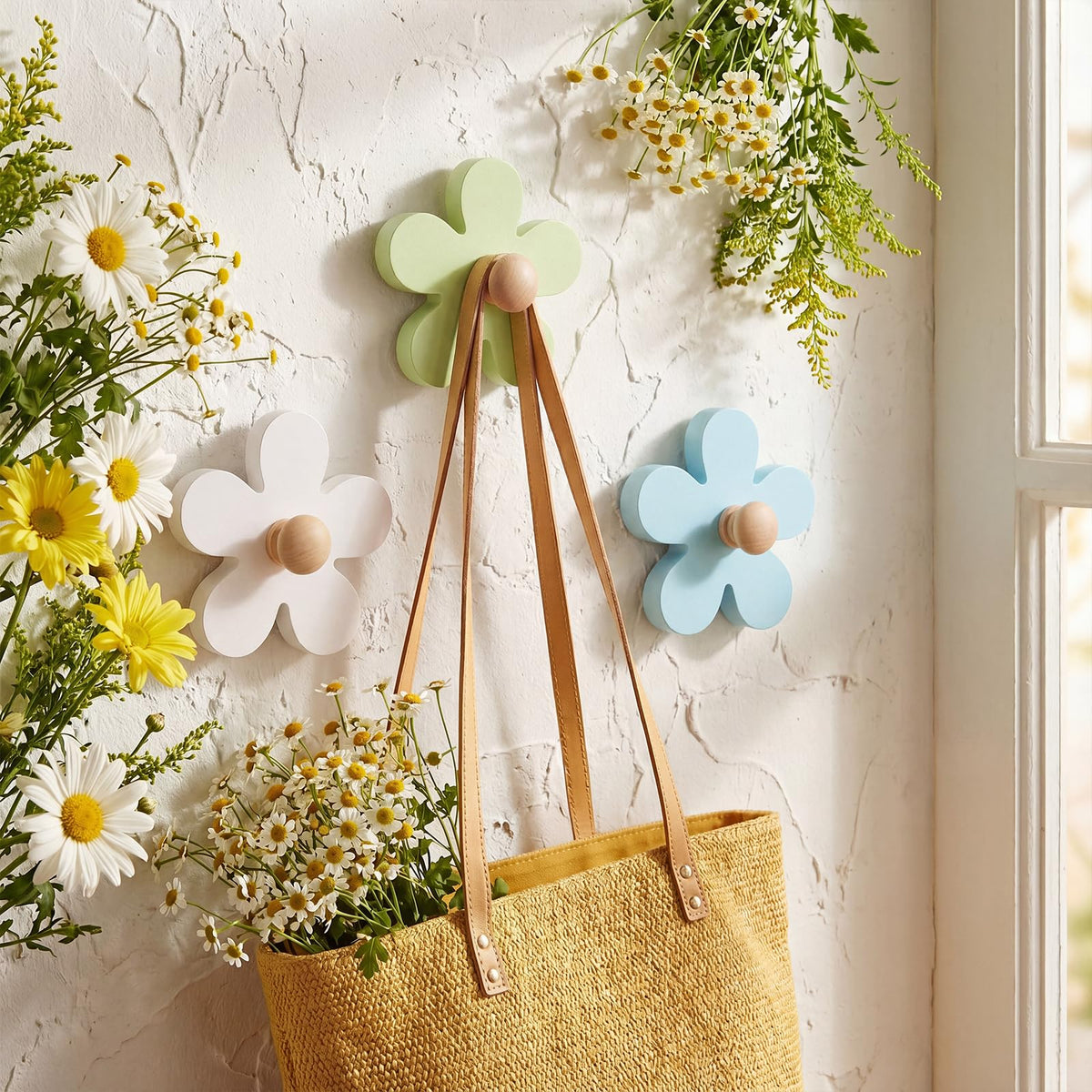 AceOrbit Pcs Daisy Wall Hooks Wood Flower Towel Hooks Cute Flower Decorative Wall Mount Hangers for Bathroom Kitchen Bedroom Home Entryway Decor(3,White, Green, Blue)