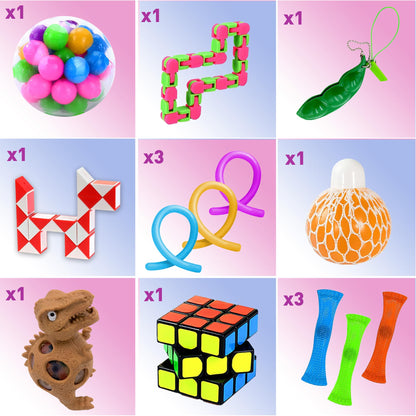 Sensory Fidget Toys Pack - Stress Relief and Anti Anxiety Toys for Kids - Cool Fidget Packs with Stress balls, Fidget Cube, & More for Party Favours, Prizes, Travel, & Pinata Stuffers
