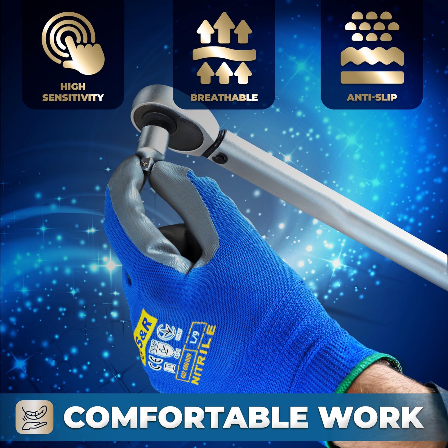 S&R Protective Gloves 12 Pairs with Nitrile Coating in XL/10, Non-Slip Work Gloves for Assembly, Building, Restoration