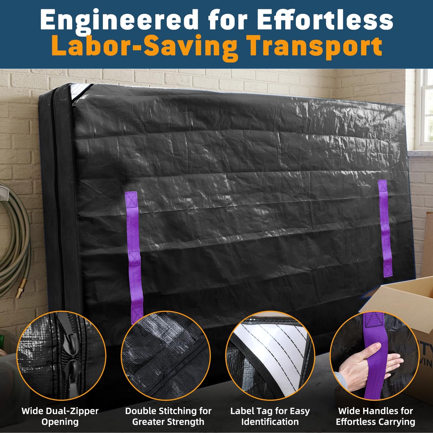 Tarpupu Mattress Bag for Moving Storage Handles Zipper Heavy Duty Twin Mattress Encasement Reusable Waterproof Mattress Cover Protector Moving Dorm Apartment Packing Storage (77"x42"x15" Black)