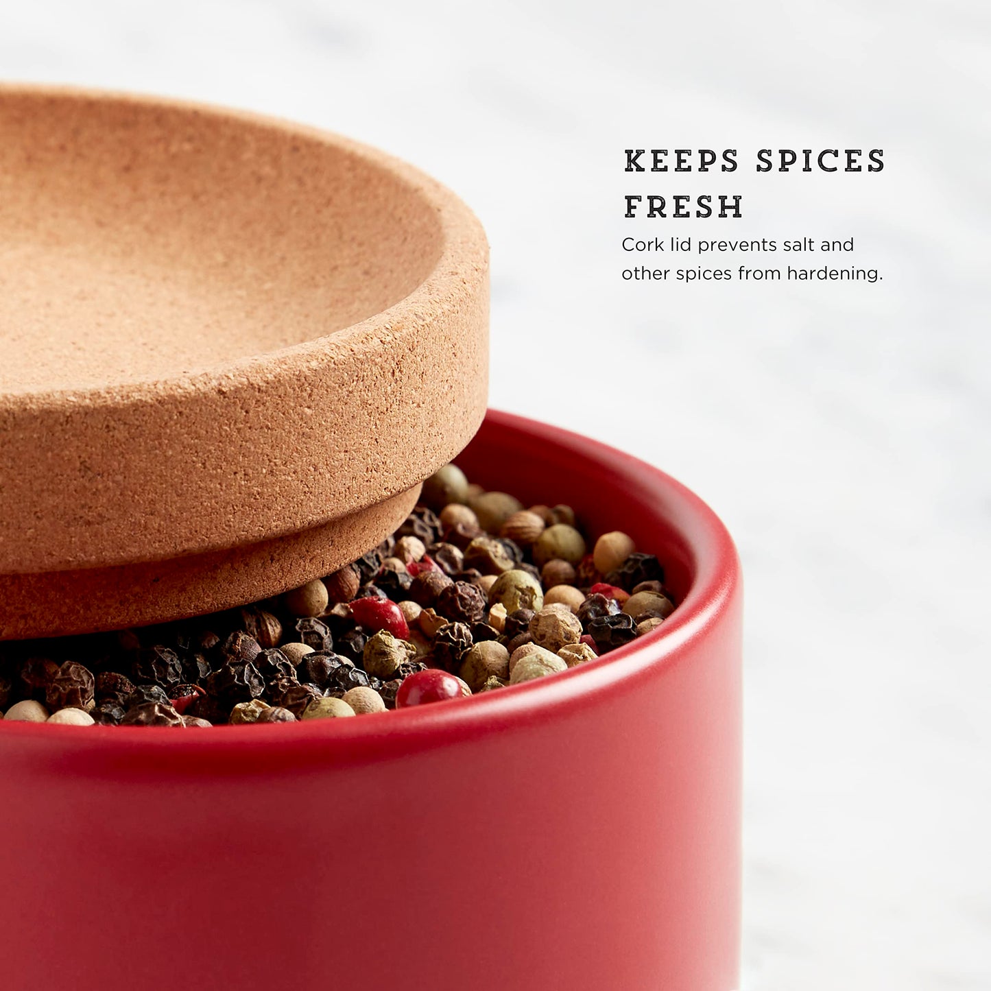 Ceramic and Cork 3 Piece Stackable Salt and Pepper Cellar For Countertop Space Saving1Easy Lift Lid to Retain Freshness for Easy Open, Natural Cork and Red Ceramic