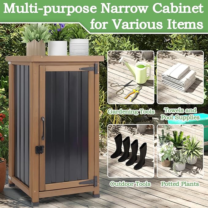 Small Outdoor Storage Cabinet Waterproof with Metal Top, Wood & Metal Outside Potting Bench Table Tool Organizer with Adjustable Shelf for Patio Backyard Garden