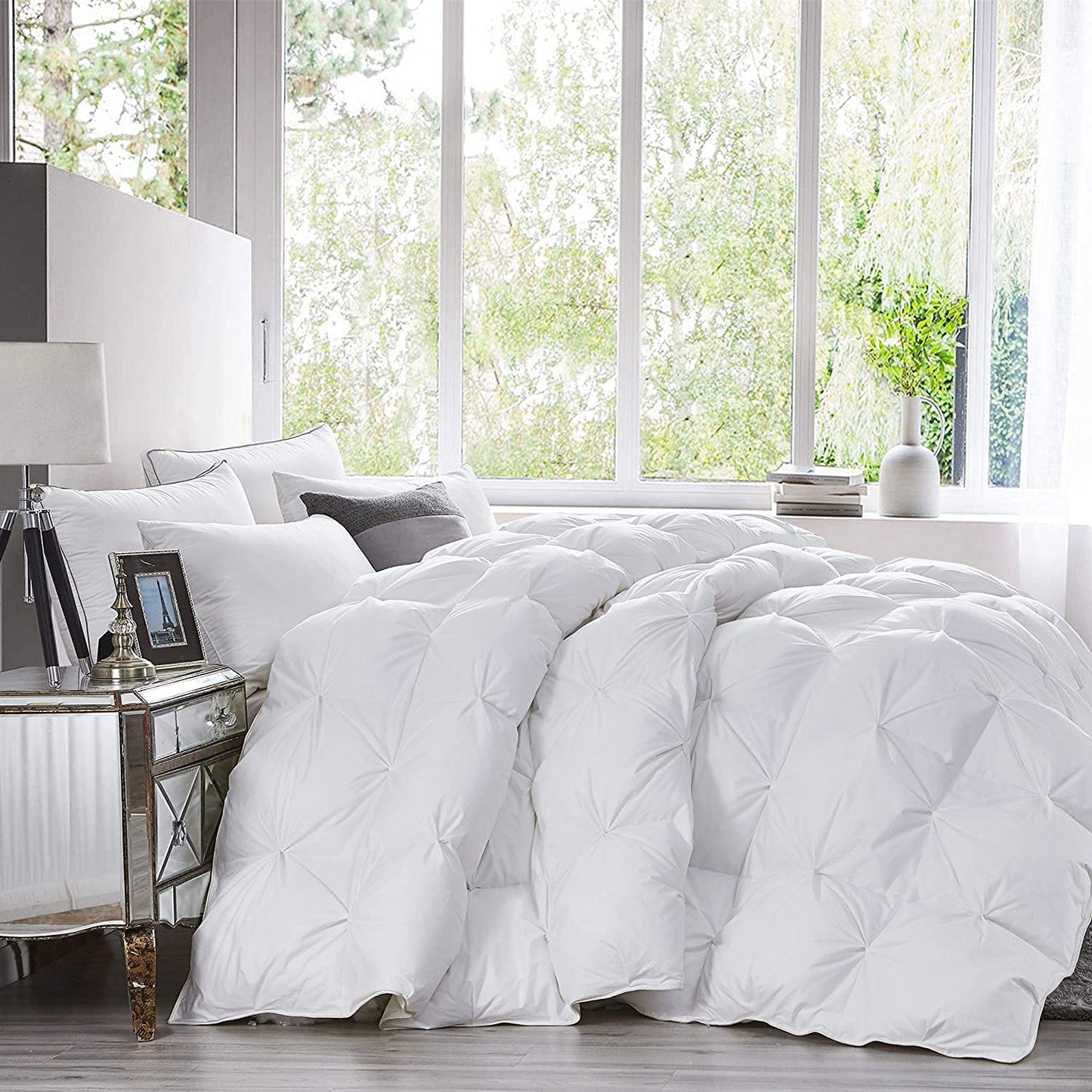 Luxurious Goose Down Feather Fiber Comforter Duvet Insert, Exquisite Pinch Pleat White Design, Oversize Palatial King White 128 x 98, Premium Baffle Box 100% Egyptian Cotton, 80 oz Fill Weight