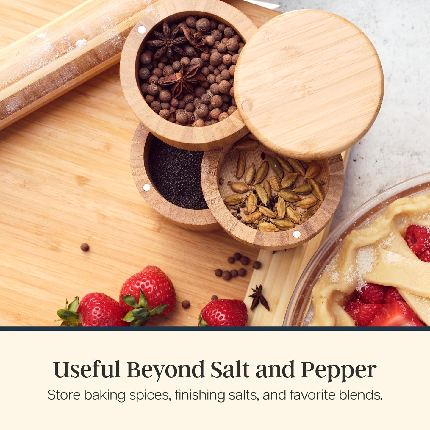 Totally Bamboo Triple Salt Cellar, 3 Tier Bamboo Salt and Pepper Container with Magnetic Swivel Lids, Seasoning Box for Herbs and Spices, 1⅓ Cup