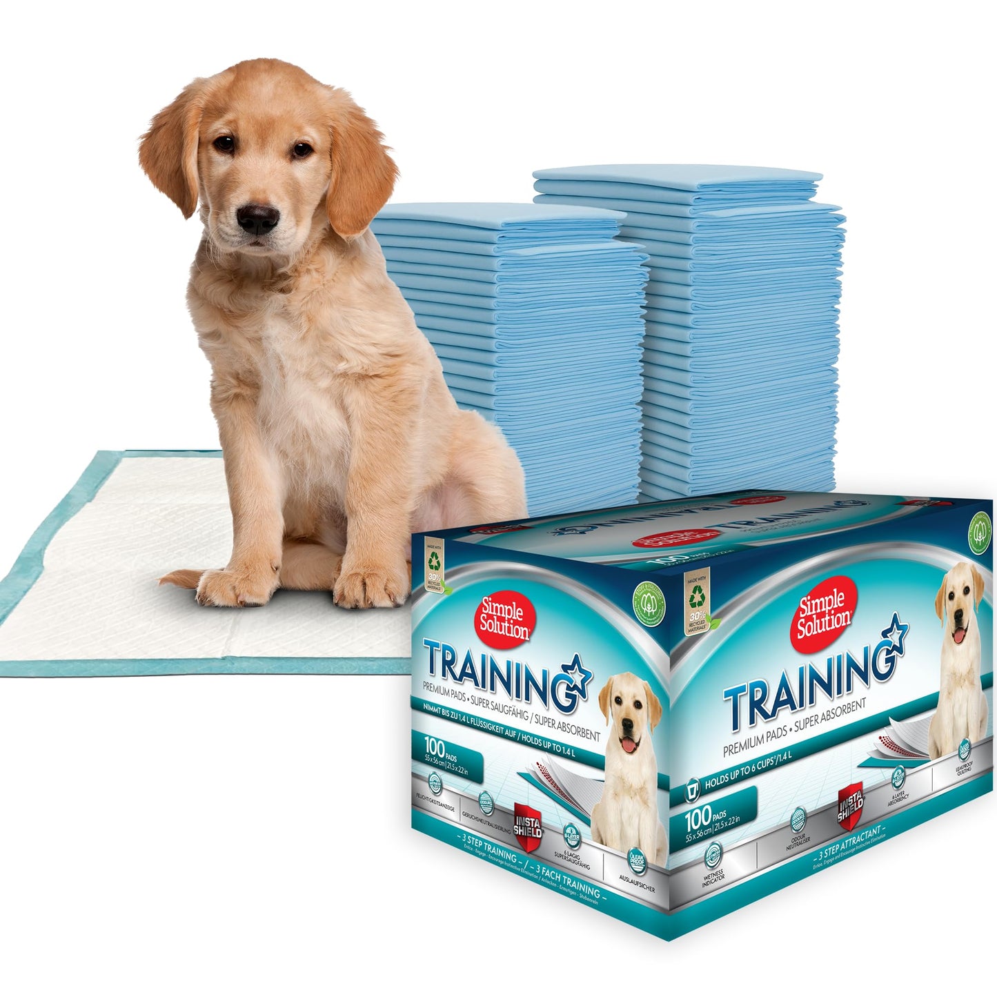 Simple Solution Super Absorbent Premium Dog and Puppy Training Pads Pack of 100. 60x60cm. Leak-proof 6 layer design. Anti-slip, odour-neutralising. Large 100 Pack