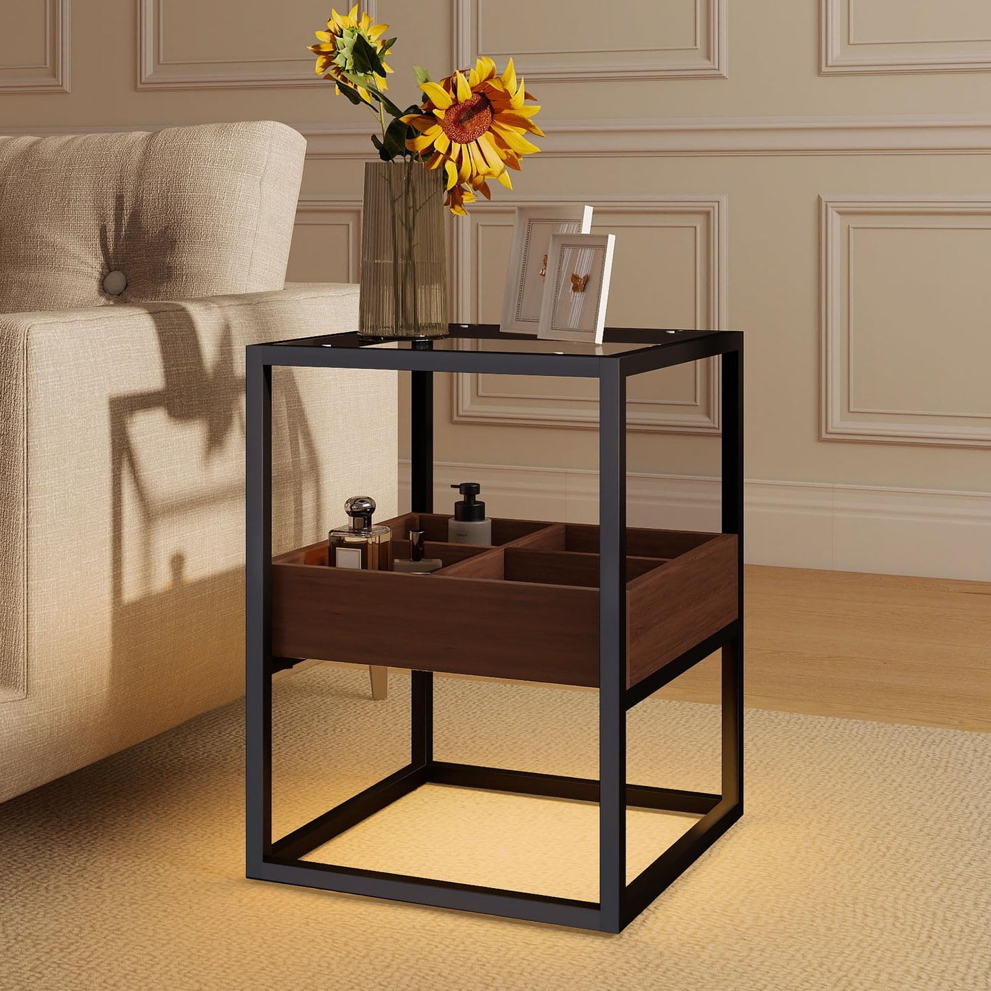 Permory Tempered Glass Top End Table with USB Port, Dimmable Warm Brown-Toned COB Strip Light for Living Room Bedroom