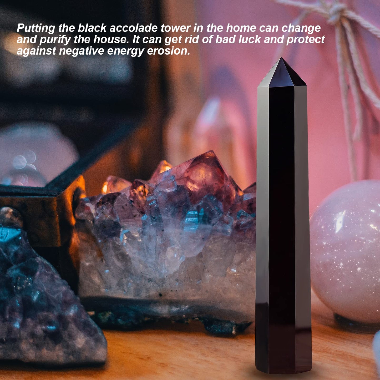 Apengshi Large Obsidian Natural Healing Crystal Tower 5.9"-6.3" 6 Faceted Single Purification Guard Charger Crystal Wand Stone Meditation Home Decor Collection Gift