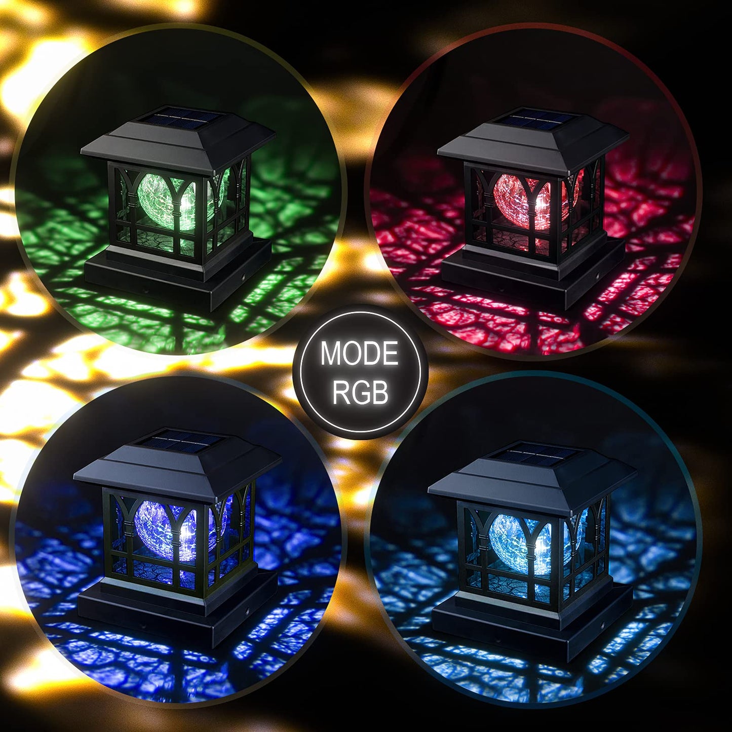 AEFRELEOHT Solar Post Cap Lights, Warm White & RGB Automatic Cycling, Cracked Glass Bulb, 20 Lumens lP65 Waterproof Fit 3.6x3.6 4x4 4.5x4.5 5x5 Wood Fence Post Solar Powered Lights Black (2 Pack)