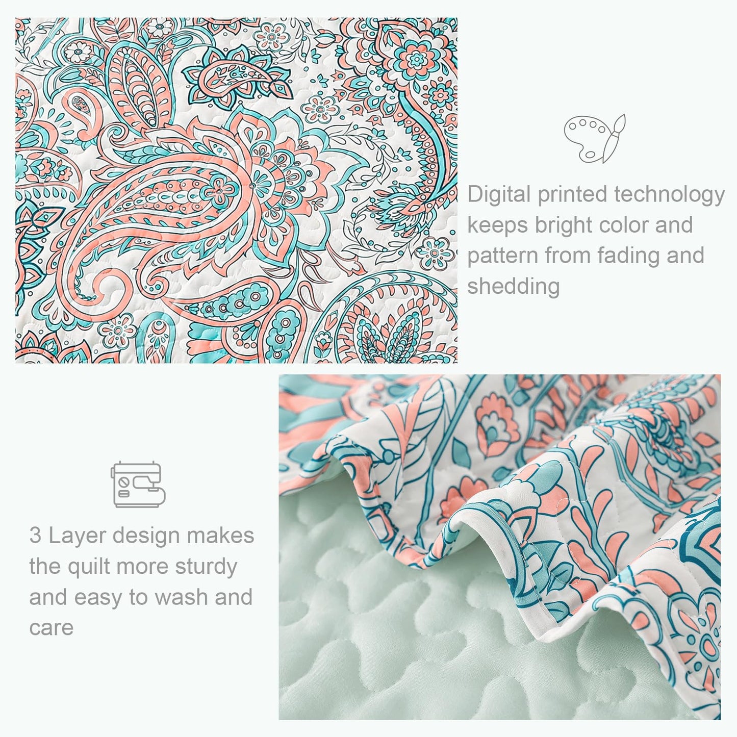Exclusivo Mezcla Reversible Boho Quilts Queen Size, Aqua Soft Bedspreads Lightweight Coverlet All Season Paisley Quilt Bedding Set with Printed Floral Pattern (1 Quilt, 2 Pillow Shams)