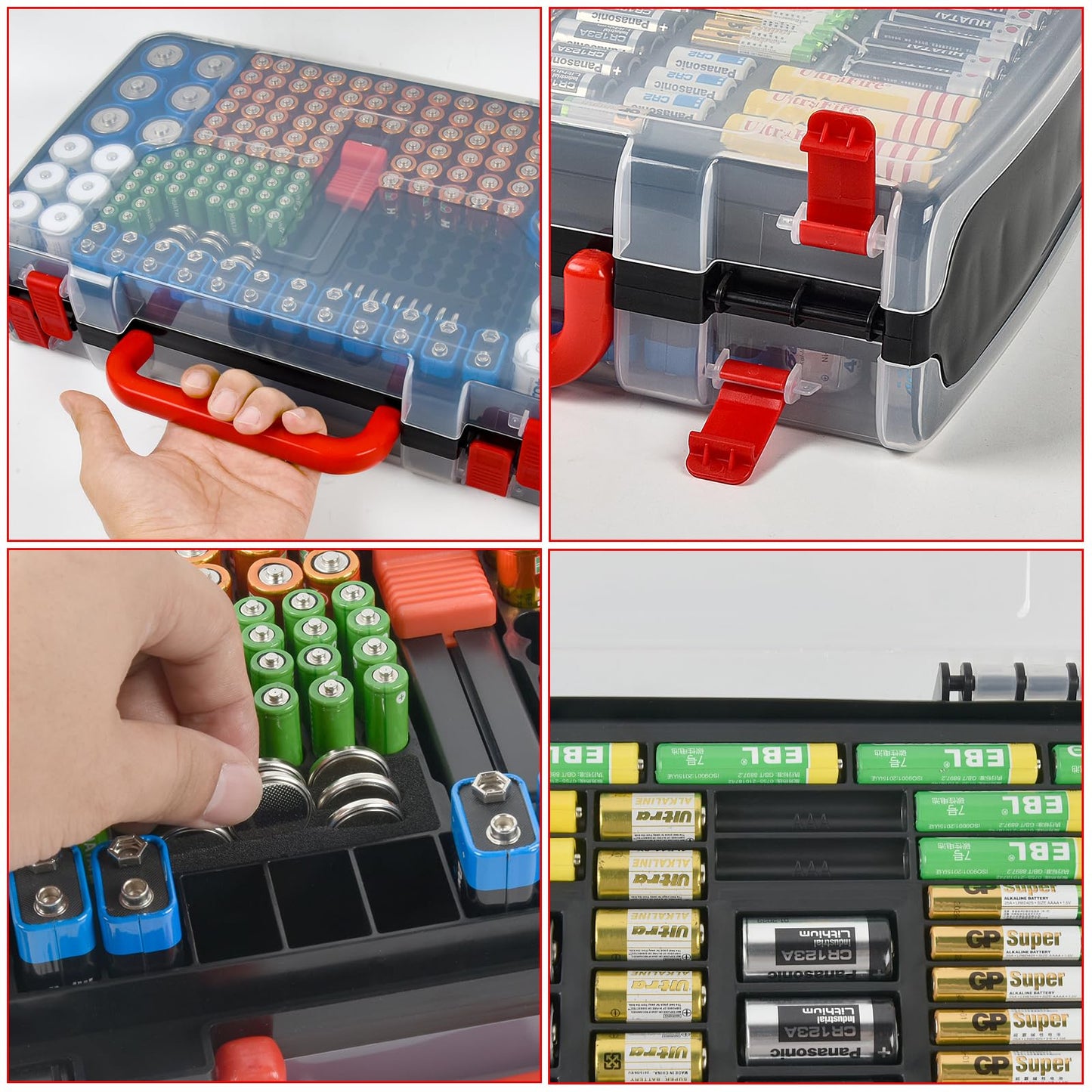 Battery Storage Organizer Case Holder Box with Tester, Double-Sided Batteries Fits for 269 Caddy Container AA AAA AAAA 3A 4A 9V C D Lithium 23A 4LR44 CR123A CR1632 CR2032 - Black
