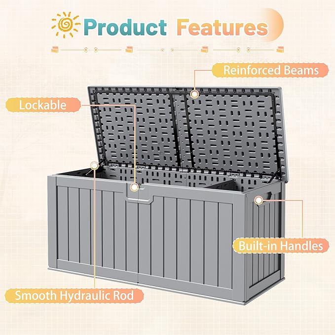 Patiowell 240 Gallon Large Outdoor Storage Box, Waterproof Deck Box with Fixed Divider, Lockable and Durable Patio Storage Solution for Patio Furniture and Garden Tools (Grey)