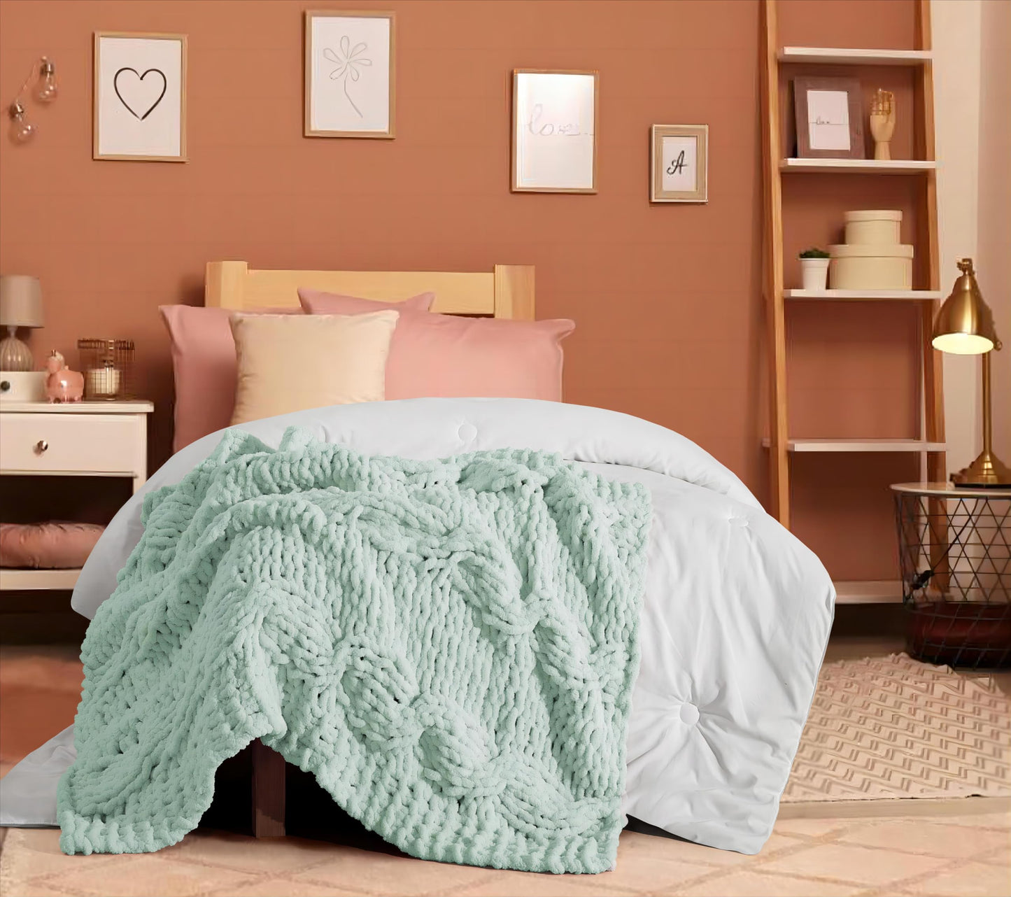CLOUDS HUG Chunky Knit Blanket Throw - 100% Hand Knitted Chunky Soft Throw Blanket for Couch, Thick and Warm Blanket for Winter,Green, 40x50 Inches