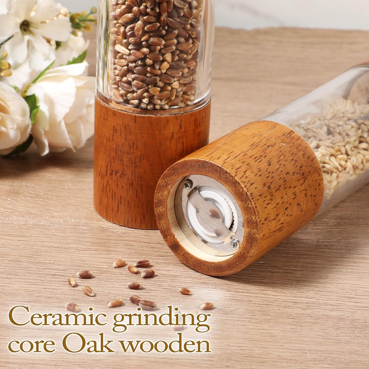 Wooden Salt and Pepper Grinder Set, 8 inch Manual Refillable Wooden Salt and Pepper Shakers Mill with Tray, Adjustable Coarseness, Solid Wood with Ceramic Stainless Steel Core, Transparent - 2 Packs