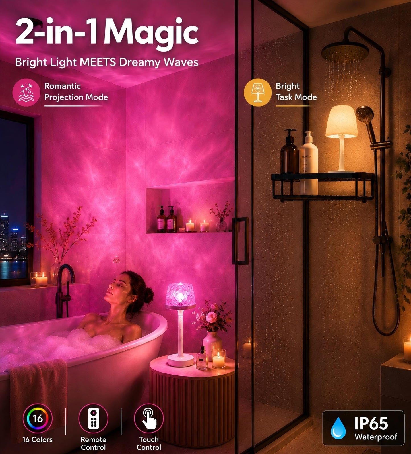 VerveAura Rechargeable Waterproof Shower Lamp, Cordless LED Bathroom Table Light, Ambient Mood Lamp for Bathtub, Spa, Bedroom, Bedside & Nightstand Decor Lighting