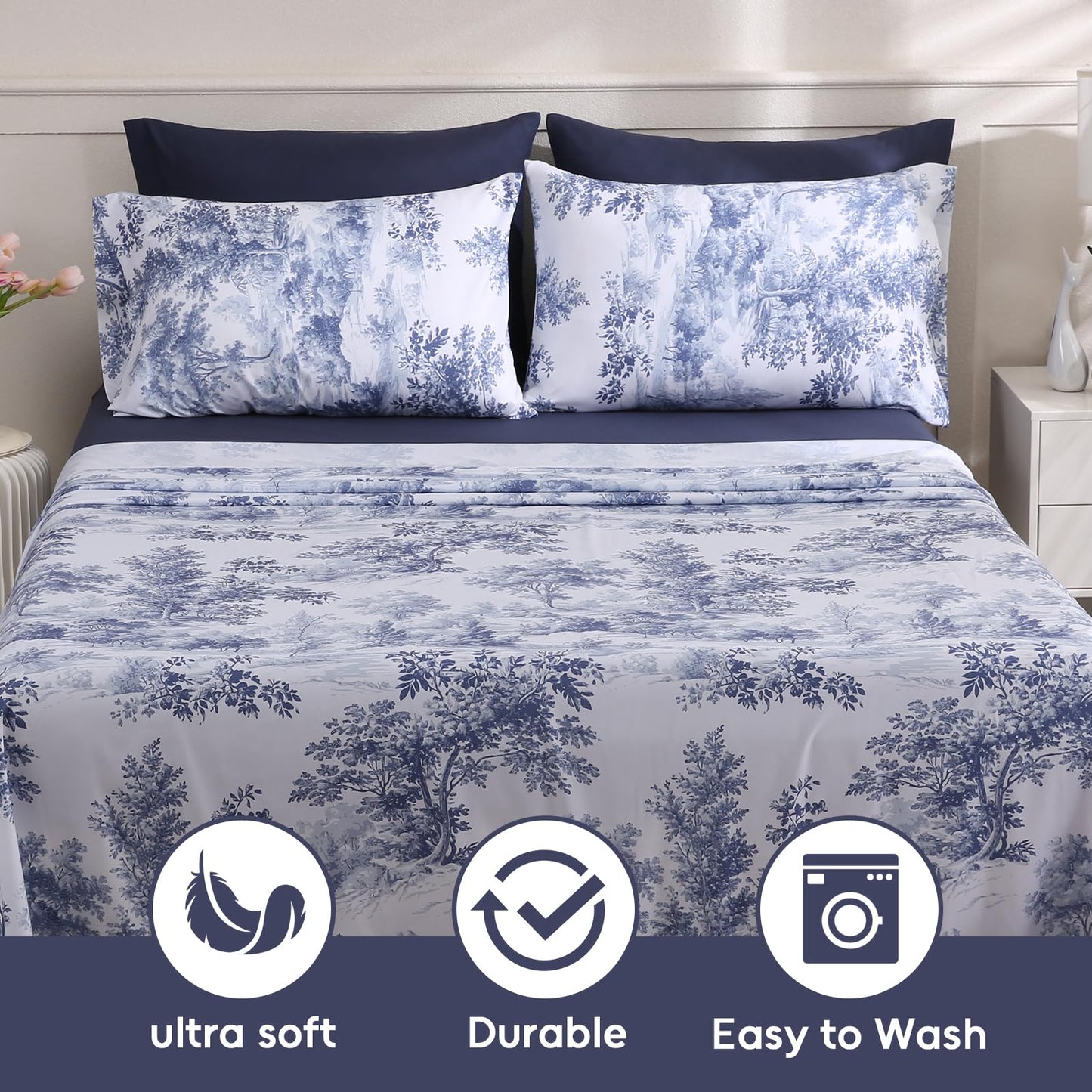 LONAVA Botaincal Queen Size 6 Pcs Sheet Set, Breathable Microfiber Deep Pocket Navy Fitted Sheets, Comfy & Breathable Patterned Flat Sheets,4 Gentle Soft Pillowcases, Blue Forest