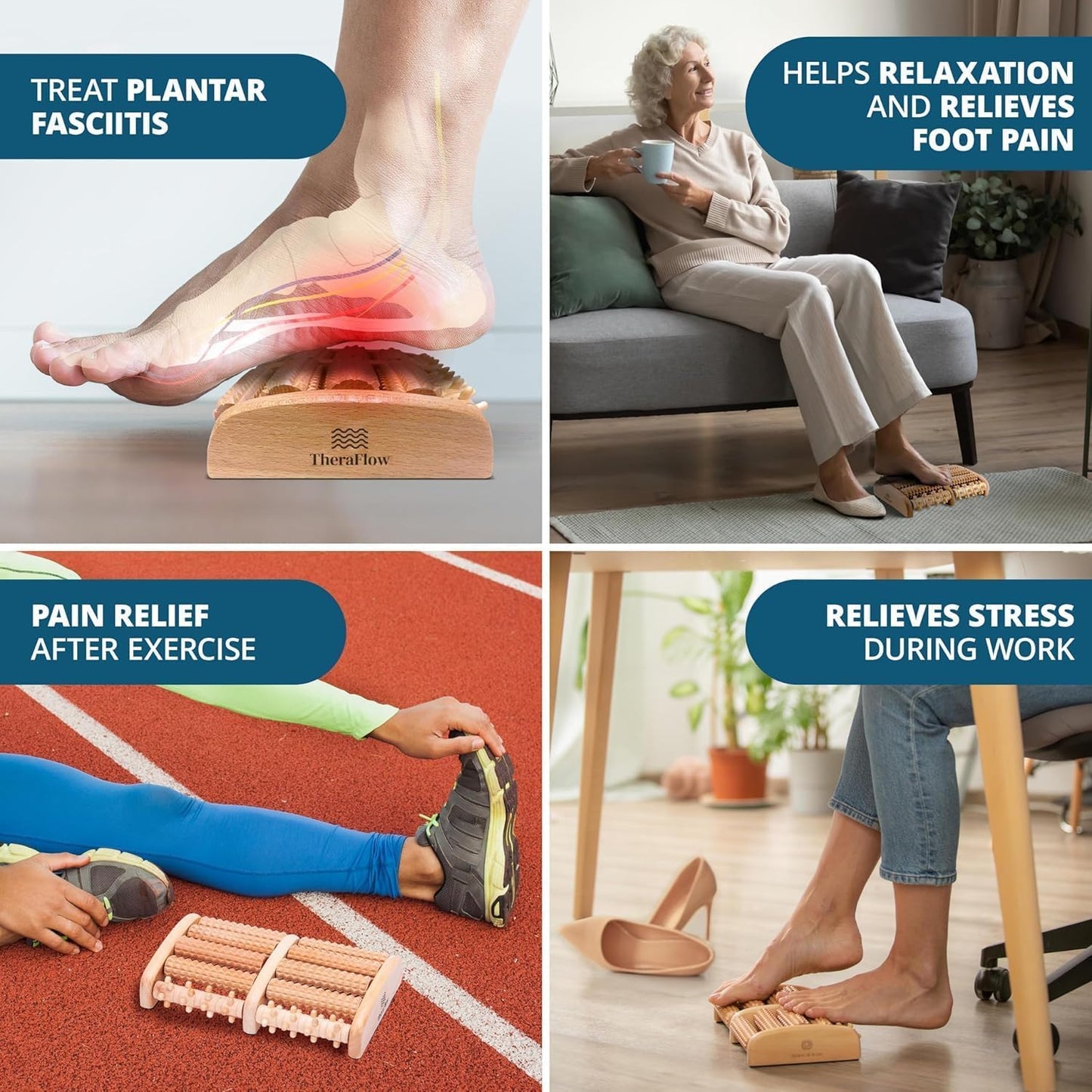 TheraFlow Foot Roller for Plantar Fasciitis Relief and Neuropathy Pain Relief for Feet - Wooden Foot Massager Roller Acupressure Tool with Reflexology Chart - Mom Gifts for Women and Men