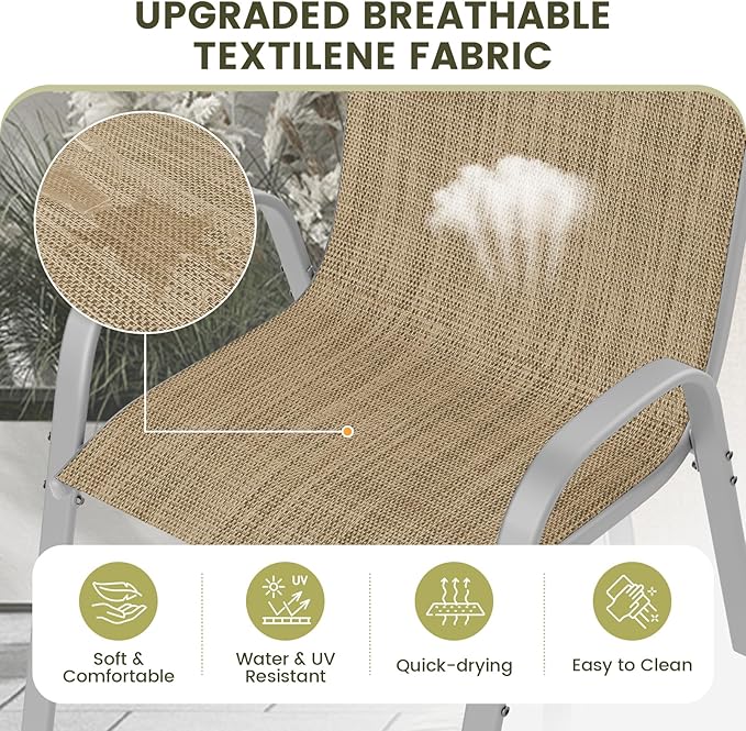 UDPATIO Patio Chairs Set of 4, Stackable Silver Outdoor Dining Chairs with High Back, Breathable Outdoor Chair Textilene Fabric All Weather, 350LBS Capacity for Garden, Backyard (Beige)