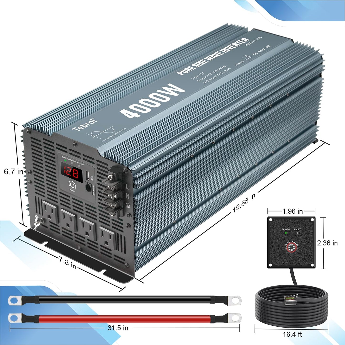 4000W Pure Sine Wave Inverter 12V DC to 110V AC Converter for Home, RV, Truck, Off-Grid Solar Power Inverter with Built-in 5V/2.1A USB, AC Hardwire Port, Remote Controller