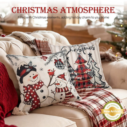 Aursaos Happy Holiday Merry Christmas Plaid Pillow Covers 18x18 Set of 4, Grey Striped Red Buffalo Plaid Snowman Tree Deer Decorative Winter Throw Pillow Case for Couch Sofa Living Room