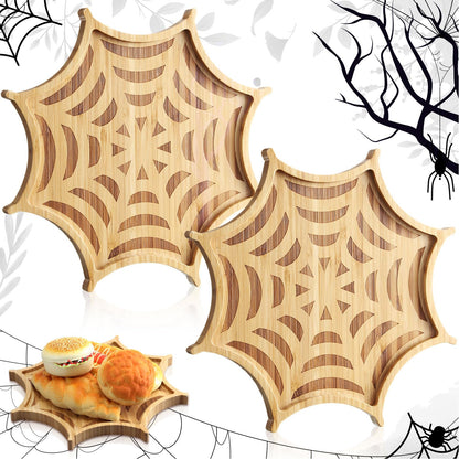 Sintuff 2 Pcs Halloween Charcuterie Board Funny Bamboo Wood Cheese Platter Tray Dinnerware Cookware Serving Tray Plates for Candy Cookie Home Party (Web, 12 x 12 x 0.8 Inch)
