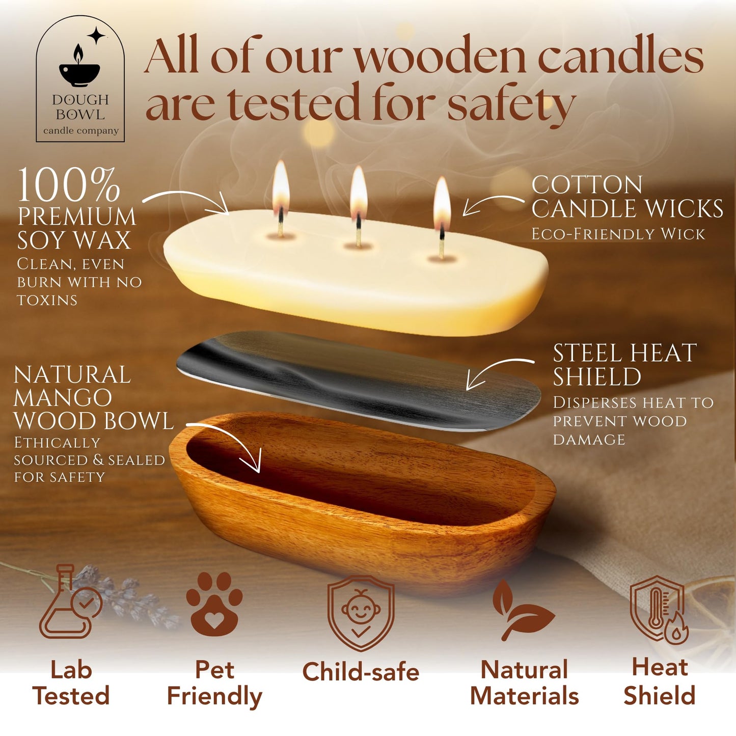 Dough Bowl Candle Co. Santal and Coconut Soy Candle - 3 Wick Rustic Farmhouse Coffee Table Decor, Odor Eliminator in Wooden Bowls, 20 Oz Wooden Dough Bowl Candle, All-Natural Gifts for Women and Men