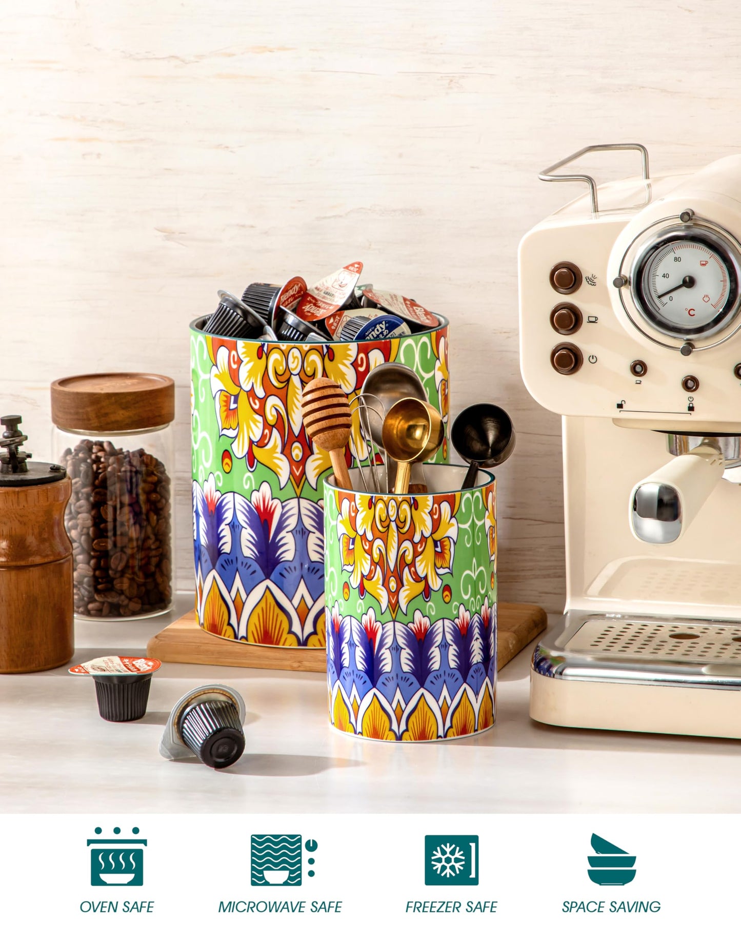vancasso SIMI Utensil Holder, 7.3"+5.5" Porcelain Kitchen Utensil Holder for Countertop, Bohemian Kitchen Utensil Organizer for Spatulas, Spoons, Ladles, Decorative Counter Utensil Crock, Golden Bloom