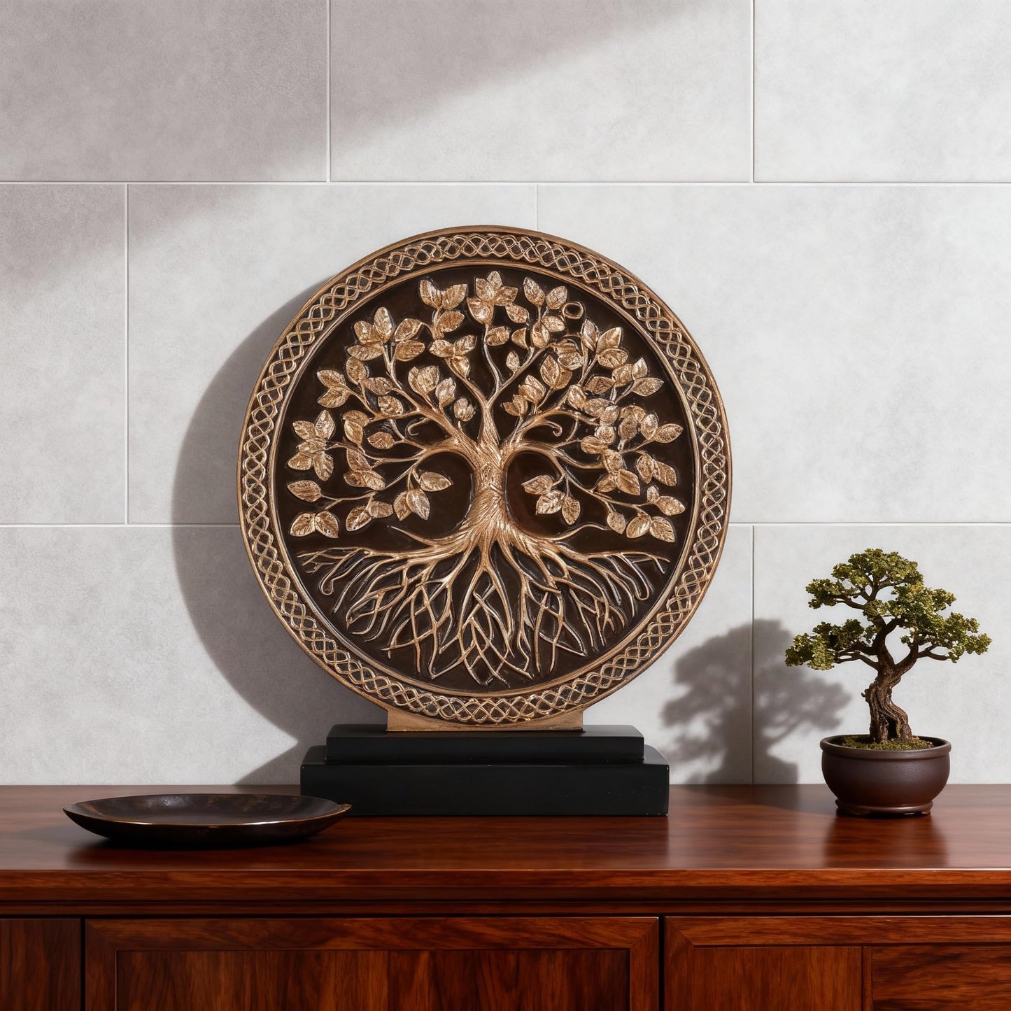 DOVDOV Abstract Circular Tree of Life Decorative Sculpture, Black and Gold Home Decor, Modern Art Home Accent Suitable for Office Shelves, Coffee Tables, and Above Cabinet Decorative Statue.