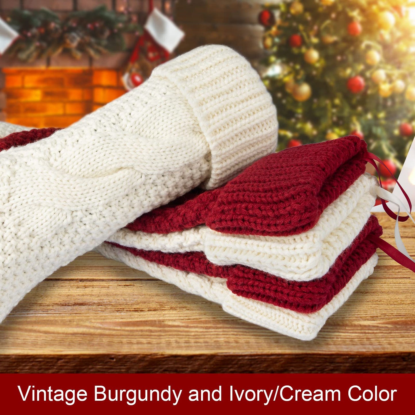 Kunyida 18" Unique Burgundy and Ivory and Green Knitted Christmas Stockings,6 Pack