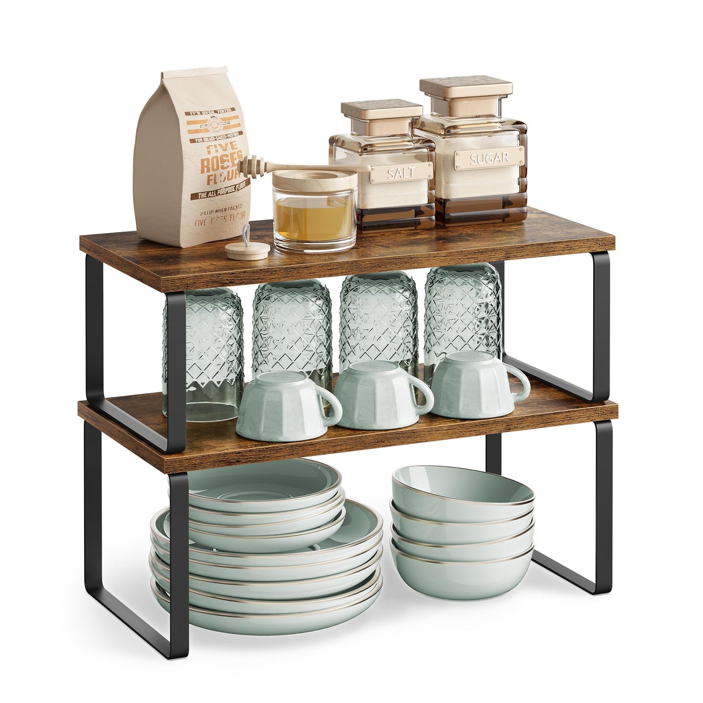 SONGMICS Cabinet Organizer Shelf, Set of 4 Kitchen Counter Shelves, Kitchen Storage, Spice Rack, Stackable, Expandable, Metal and Engineered Wood, Cloud White and Natural Beige UKCS010N01