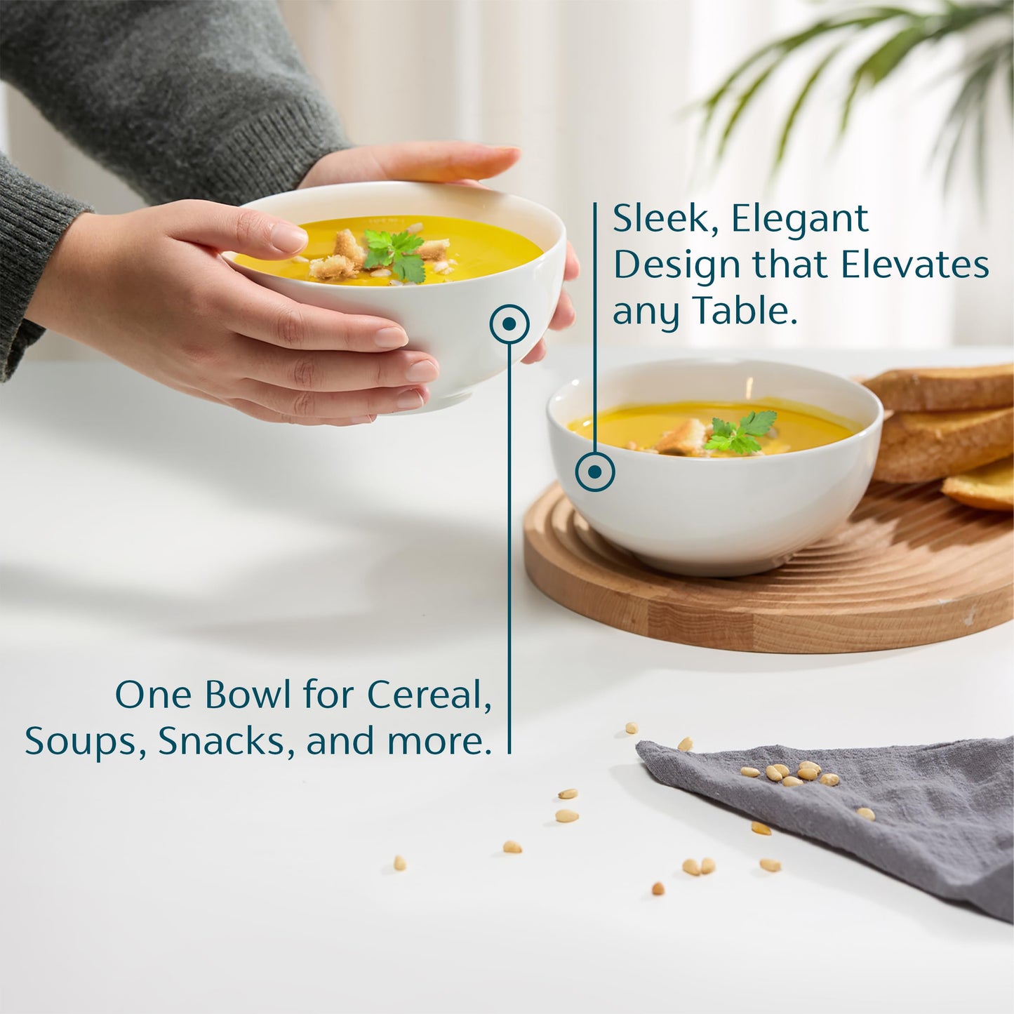 KooK Ceramic Soup bowls, Microwave, Dishwasher and Freezer Safe, Porcelain Dishes for Soup, Pasta, Salad, Oatmeal, Deep Interior, 24 oz, Set of 6, Marshmallow White