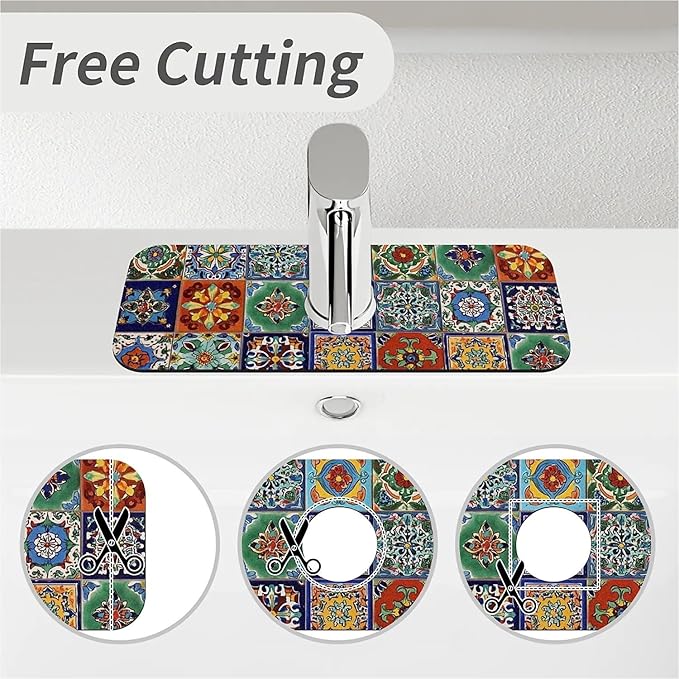 Kitchen Sink Splash Guard，Colorful Mexican tile Faucet Mat Sink Gadgets-Super