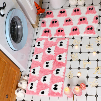 Tinideya 2 Pcs Gothic Bathroom Rugs Decor Pink White Ghost Bathroom Mat Gothic Rug Non Slip Front Door Mat Carpet for Bedroom Home Living Room Kitchen Floor Decor 31.5 x 19.7 Inch