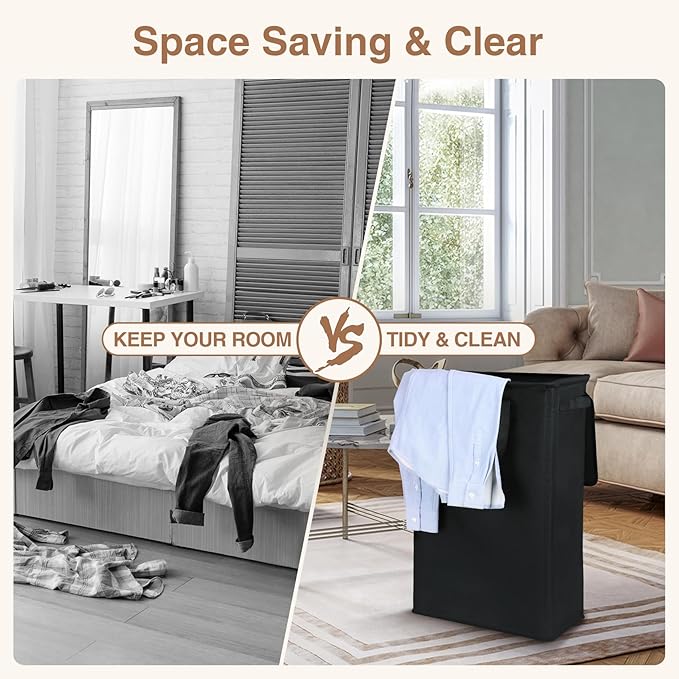 Slim Laundry Basket with Lid and Handles, Foldable Laundry Basket