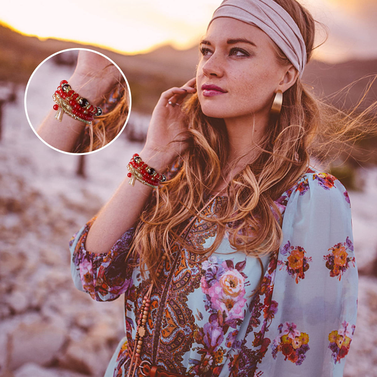 FIBO STEEL 6 Sets Bohemian Stackable Bead Bracelets for Women Stretch Multilayered Bracelet Set Multicolor Jewelry,Big Beads Elegant Style