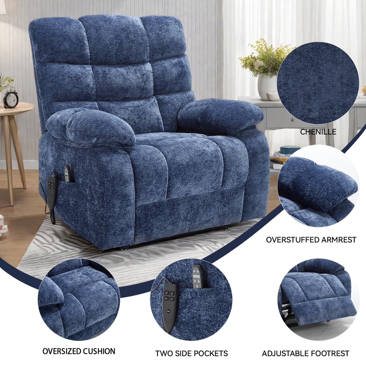 KEIKI Oversized Dual Motor Power Lift Recliner Chair for Elderly, Chenille Upholstery Breathable Rocking Chair with Back Massager and Heated, Relaxation Corner in Living Room Space, Brown