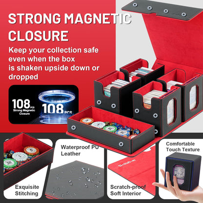 Trading Card Storage Box with Commander Display for MTG, TCG, Sports Cards, 5-in-1 Card Deck Box, Holds 450+ Double-Sleeved Cards, 4 Individual Deck Cases with Covers, Dice Tray & Magnetic Holders