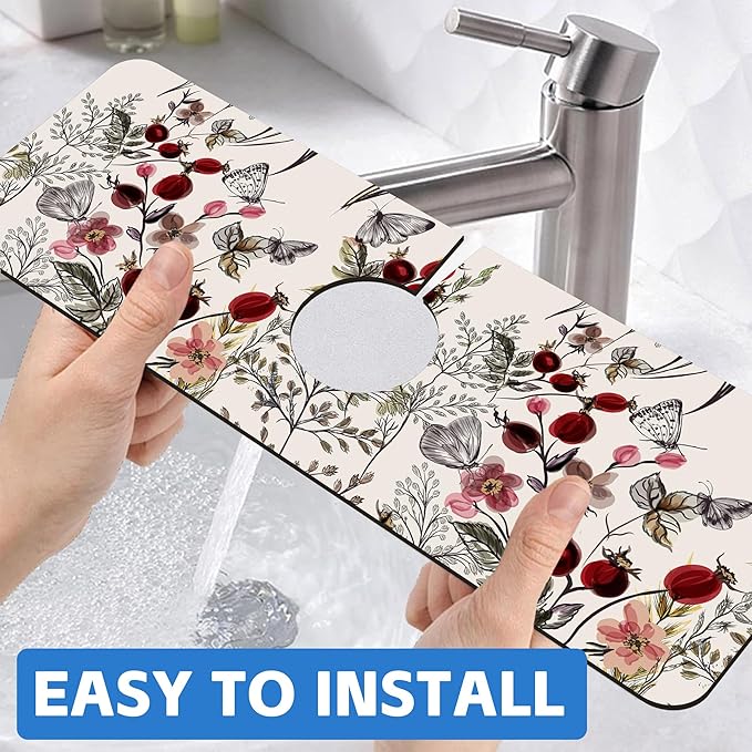 Vintage Flower Plants Butterfly Dish Drying Mat