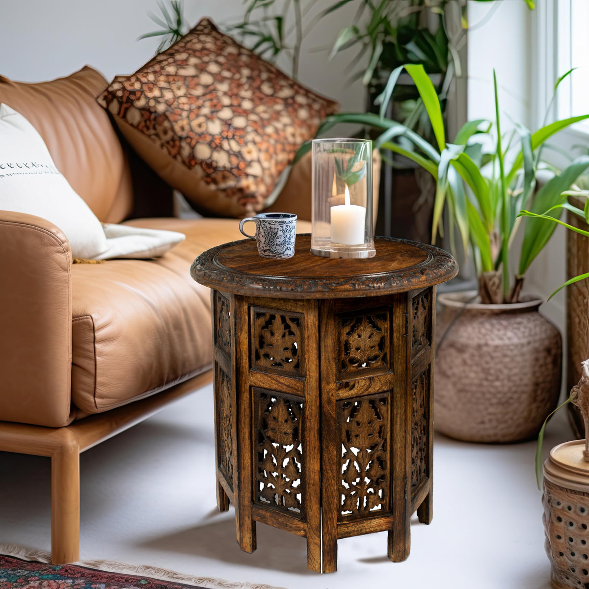 Solid Wood Accent End Table - Hand Carved Vintage Boho Folding Side Table - Small Spaces Entryway Farmhouse Living Room Bedside - No Tools Assembly -18x18 Round - Jaipur Antique Brown -Cotton Craft