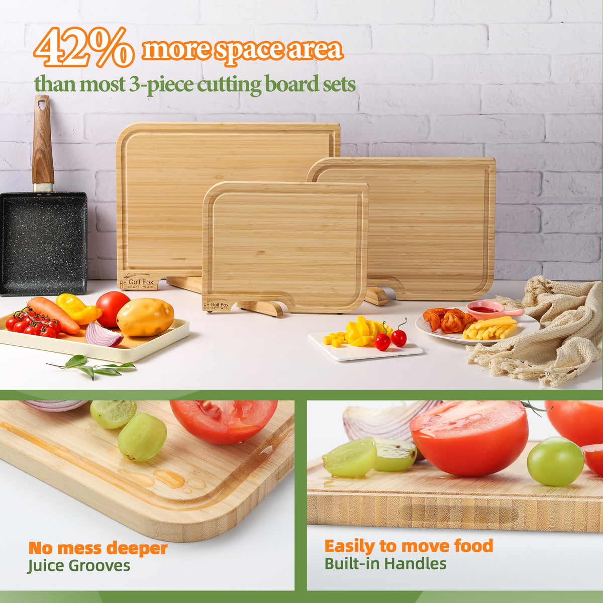 4-PCS Bamboo Cutting Board Set with Innovative Stand - Durable Double Sided Wooden Cutting Board with Juice Groove & Handle for Meal Prep, Meat, Charcuterie Serving, Eco-Friendly Healthy Kitchen Gift