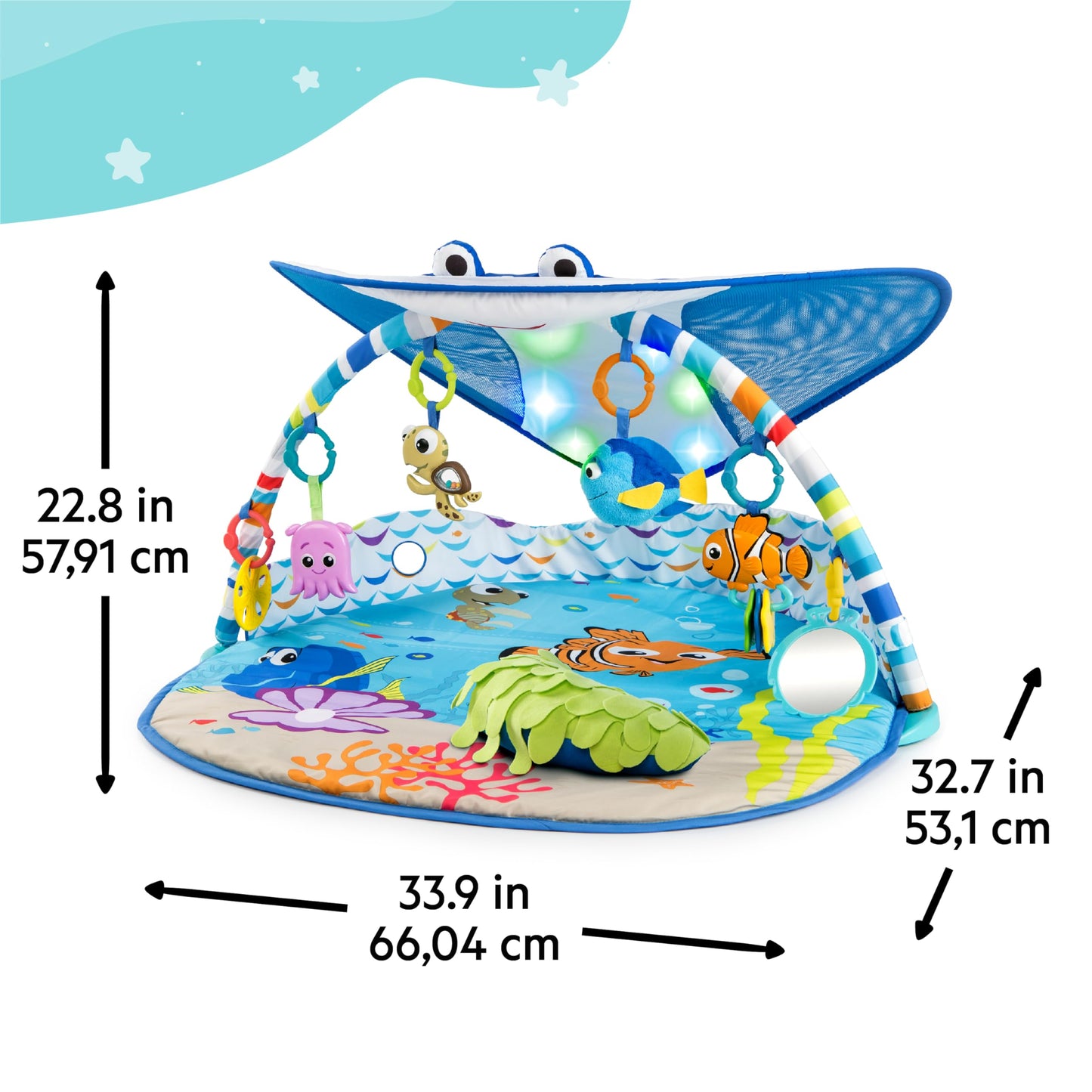 Bright Starts, Disney Baby, Finding Nemo Ocean Lights Baby Activity Gym and Play Mat with Detachable Toys, Sound and Music, Ages Newborn +