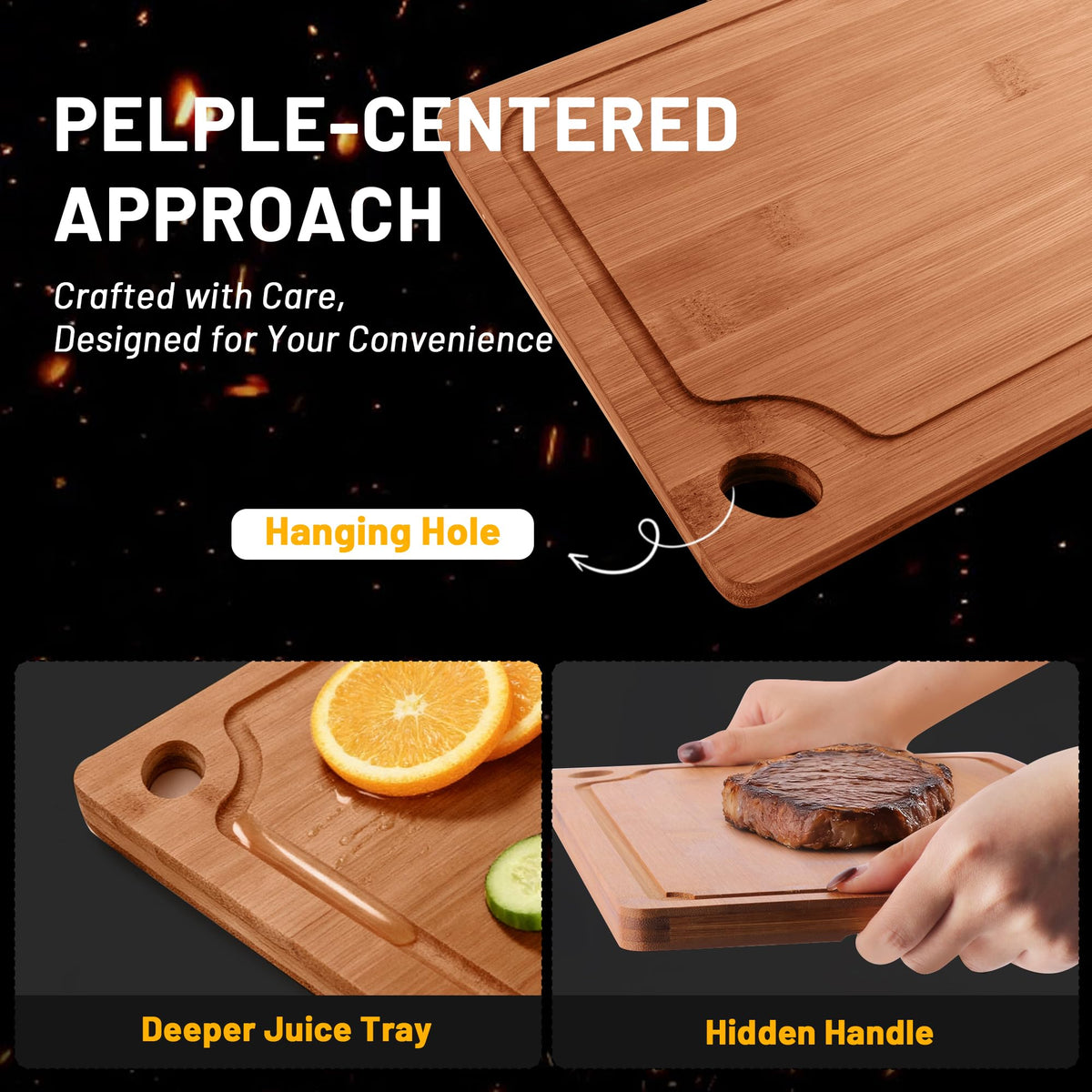 Lacusmall Bamboo Cutting Board for Kitchen, 3Pcs Thickened Wooden Cutting Board Set with Deep Juice Groove, Built-in Handles Durable Chopping Boards for Separating Meat, Vegetables, Fruits, Ideal Gift