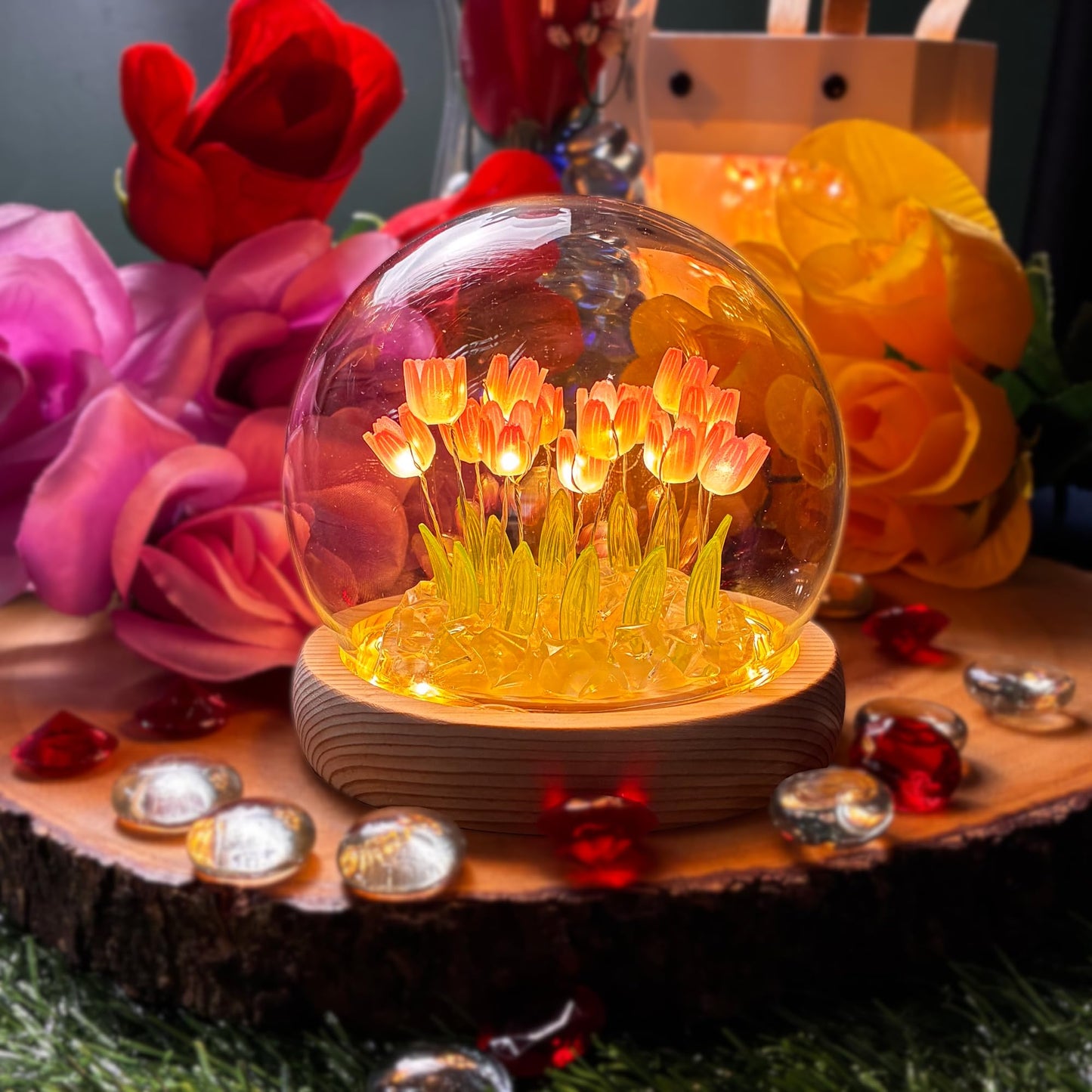 ALYMACK Tulip Lamp Glass Globe - Illuminated Flower Lamp with Glowing Blooms on Wooden Base - Battery-Powered Decorative Night Light for Bedroom, Living Room & Home Decor