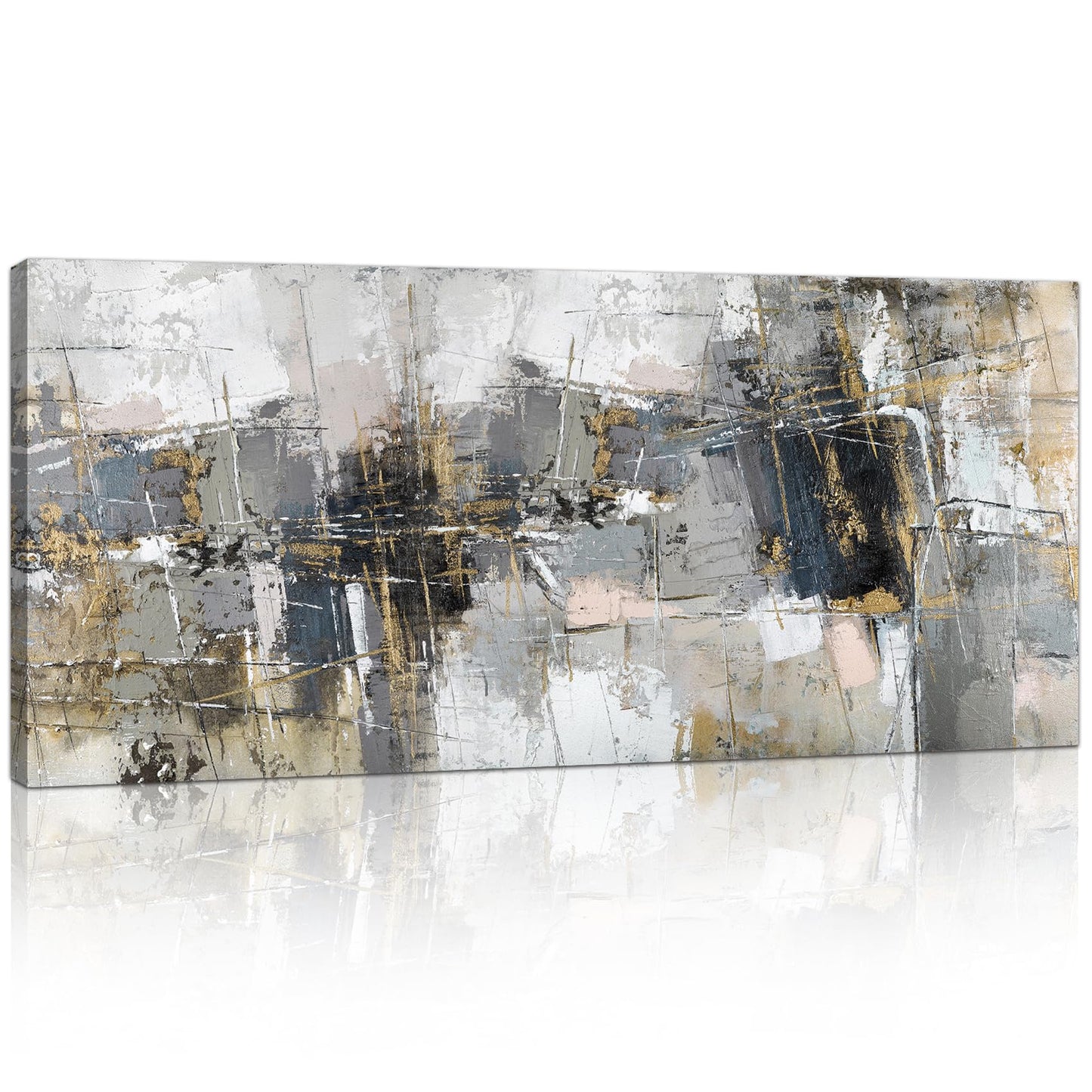 FajerminArt Large Framed Canvas Wall Art Abstract Grey Painting on Canvas Printed Picture Poster Wall Art for Living Room Bedroom Wall Decor Ready To Hang 20" x 48"/ 120cm x 50cm