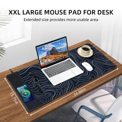 VOVIPO 3 in 1 Wireless Charging Mouse Pad, Gift for Dad/Office Manager,Wireless Charger Compitable with iPhone/Watch/airpods. Wireless Charging Desk Mat 90 x 40cm,Black Topographic Computer Desk Pad