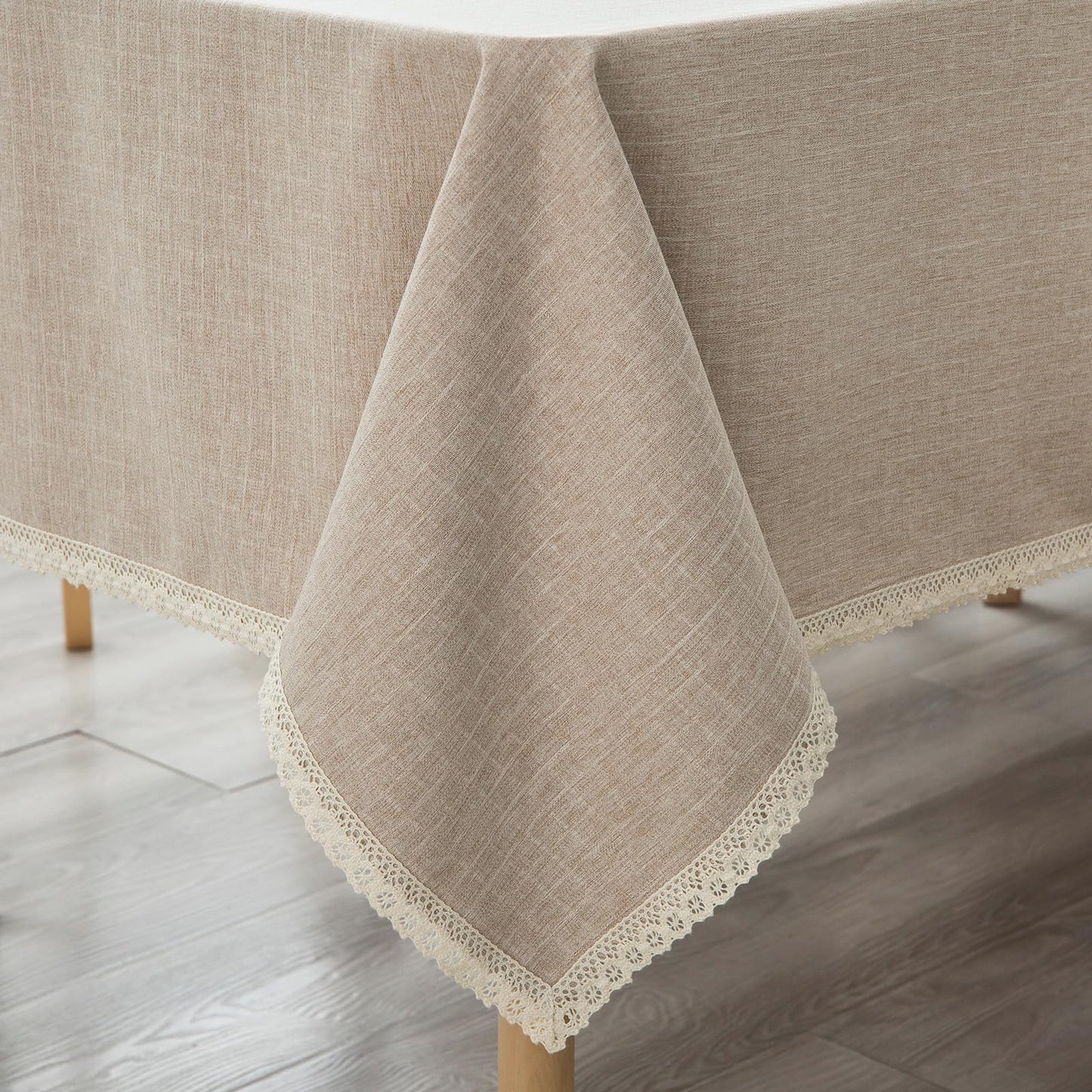 GLORY SEASON Textured Tablecloth Linen-Look Rustic Burlap Style Washable Solid Heavy Weight Lace Trim Rectangle Fabric Table Cloth,Table Cover for Kitchen Dinning Tabletop Decoration55x70 in Beige