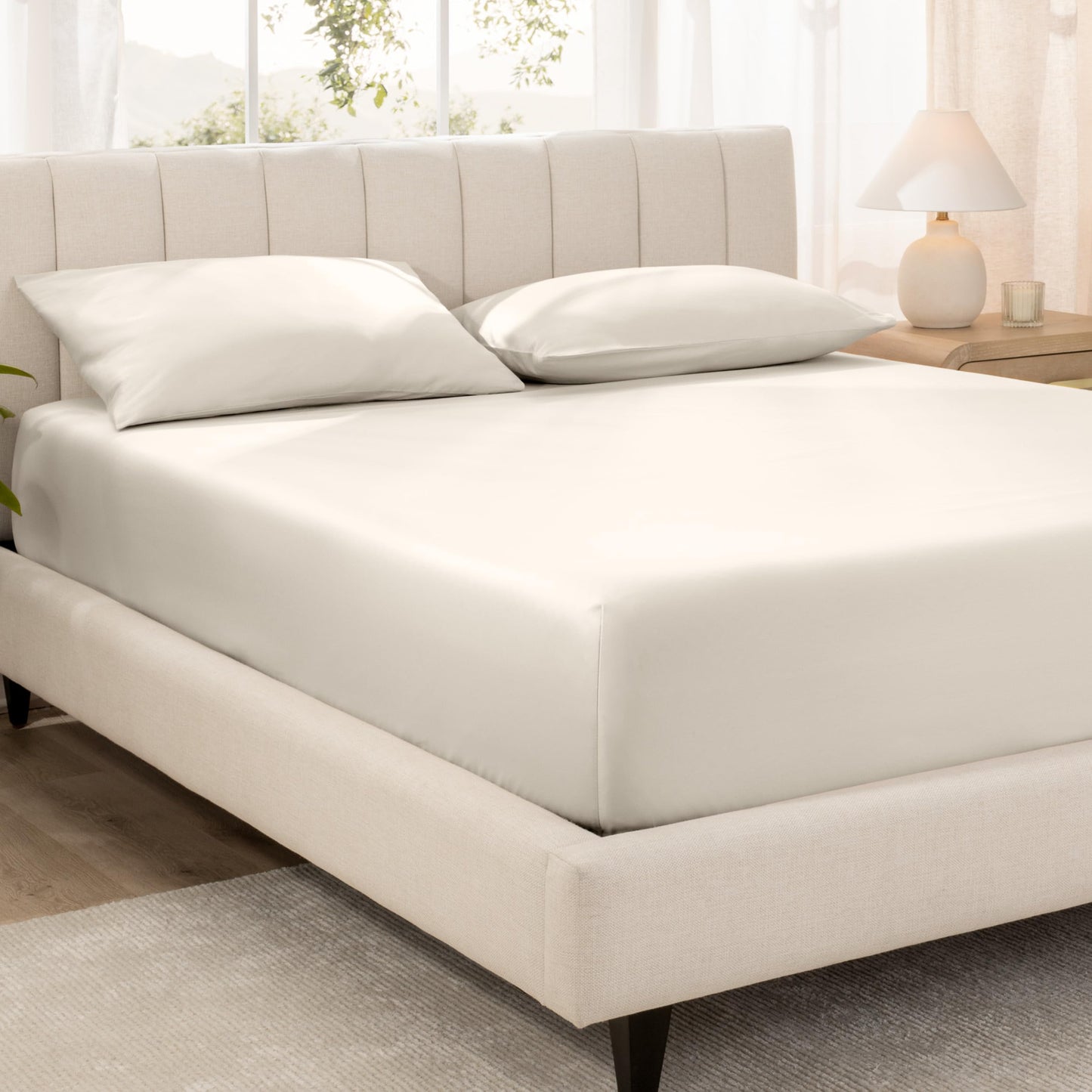 Bare Home 100% Organic Cotton Sateen Fitted Sheet - 400 Thread Count - Smooth Sateen Weave - Breathable & Cooling - Hotel Luxury - Durable Fitted Sheet - Deep Pocket (King, French Beige)