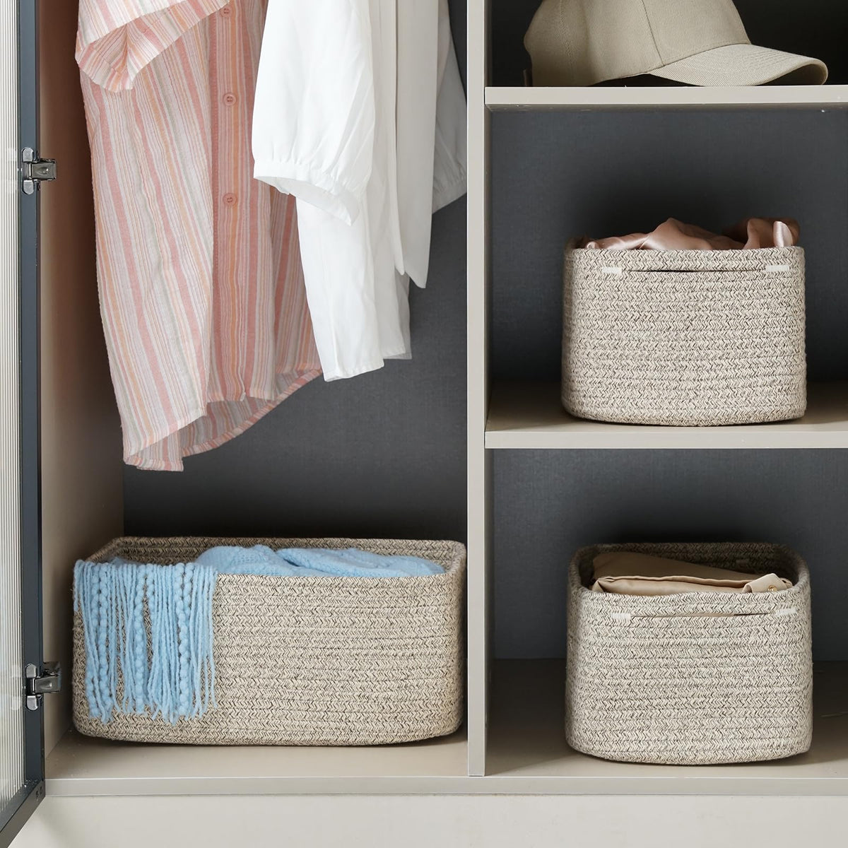 Maxuni 3-Pack Storage Baskets for Organizing | Woven Shelf Toy Basket | Rope Baskets for Gifts Empty | Closet Organizer Bins with Handles | Cube Decorative Box | 13.7×7.1×6.7” | Mixed brown